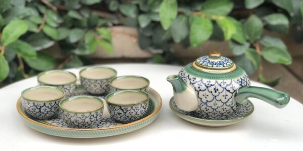 Bộ ấm chén bèo chấm xanh đồng - Ảnh 2